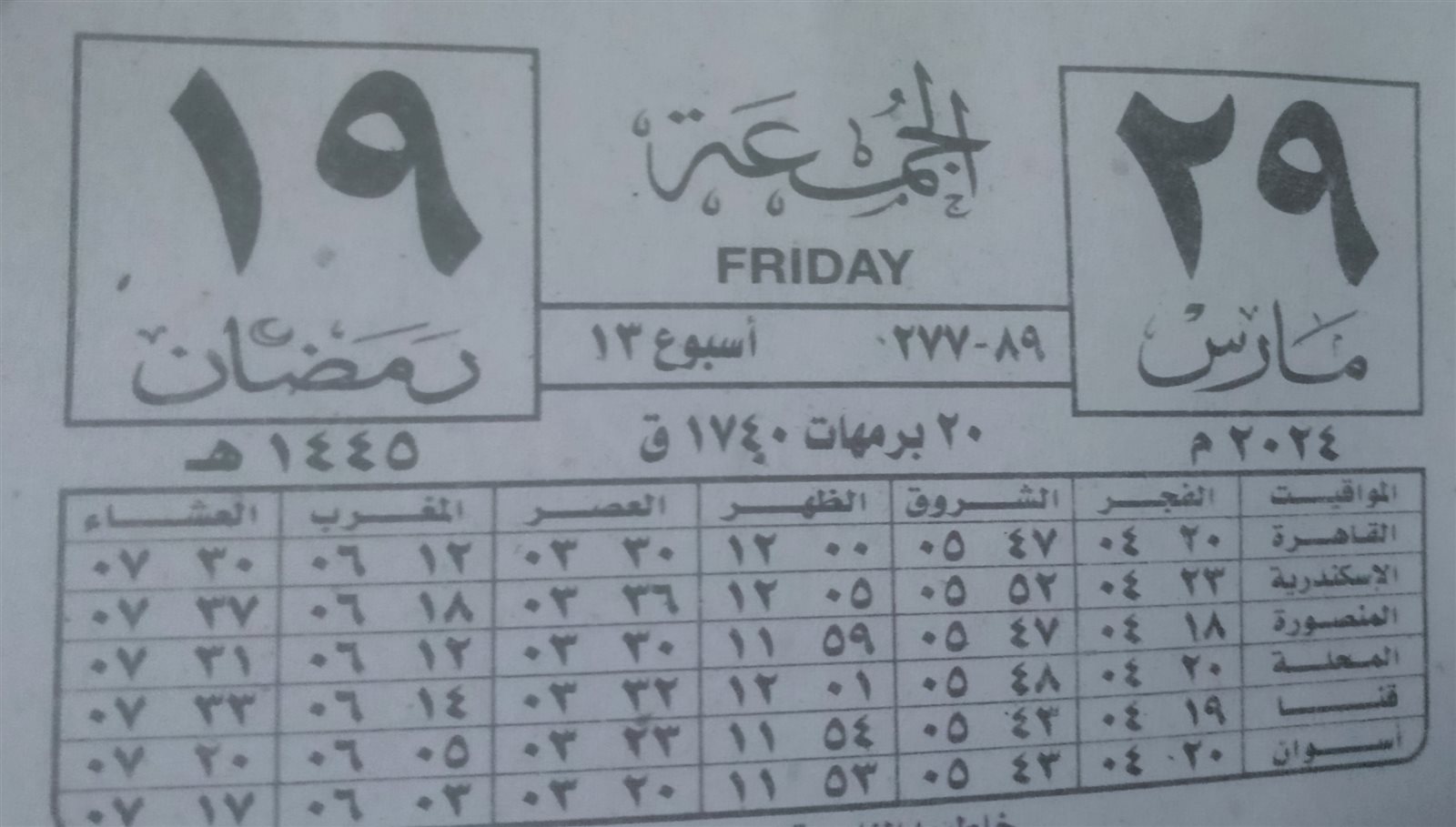 النهاردة كام رمضان 2024 في ورقة نتيجة اليوم الجمعة 29-3-2024