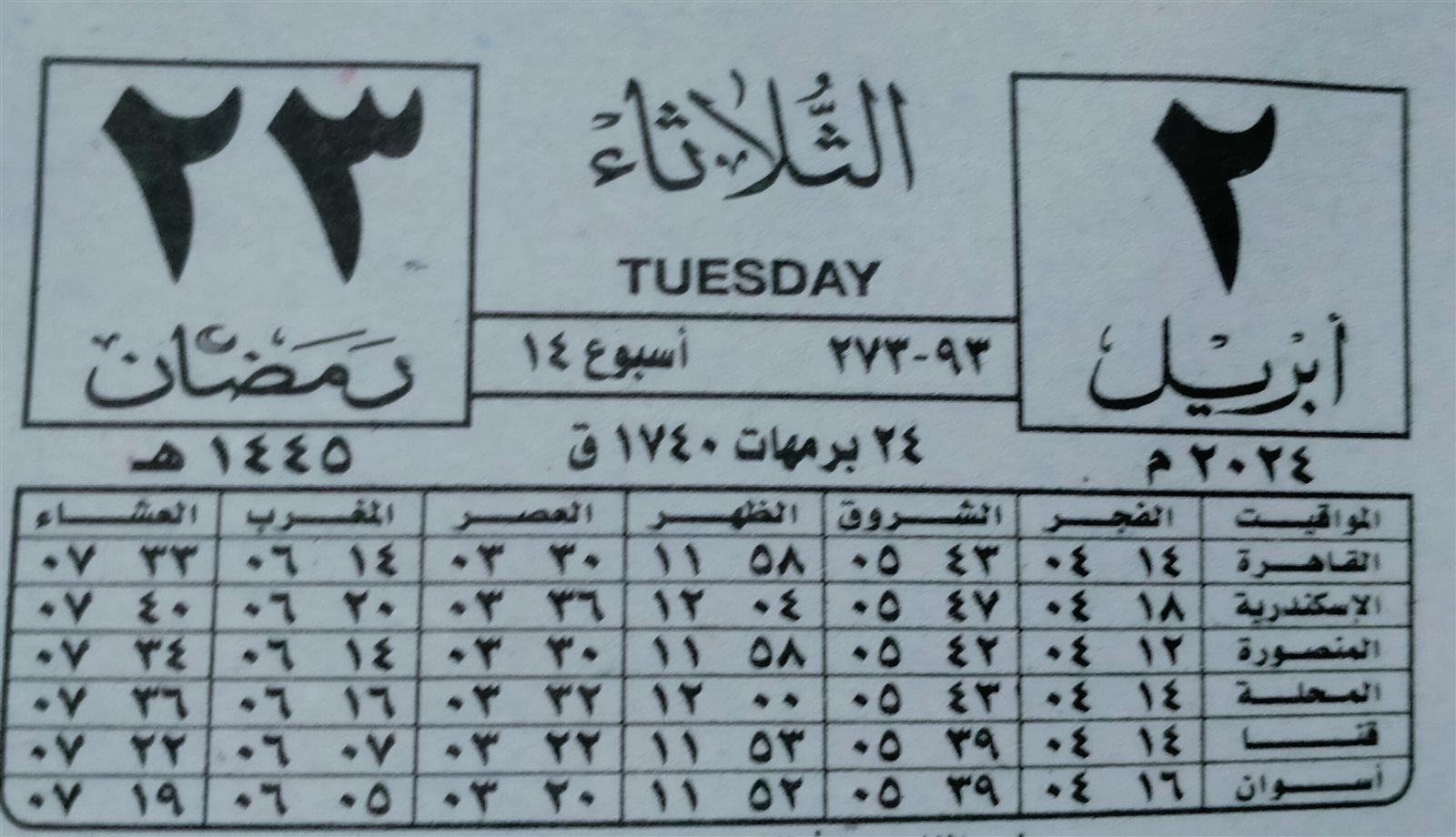 النهاردة كام رمضان 2024 ورقة نتيجة اليوم الثلاثاء 2-4-2024