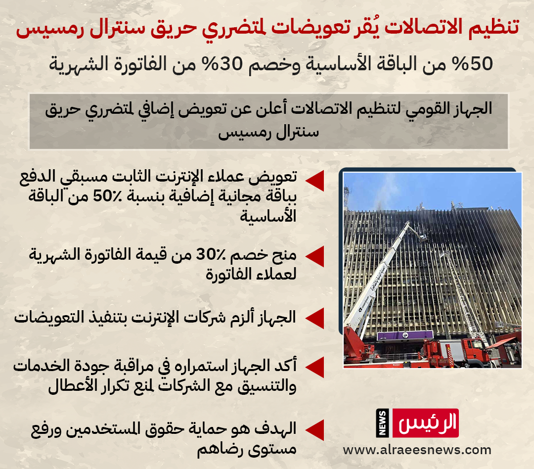  تنظيم الاتصالات يقر تعويضات لمتضرري حريق سنترال رمسيس (التفاصيل كاملة)