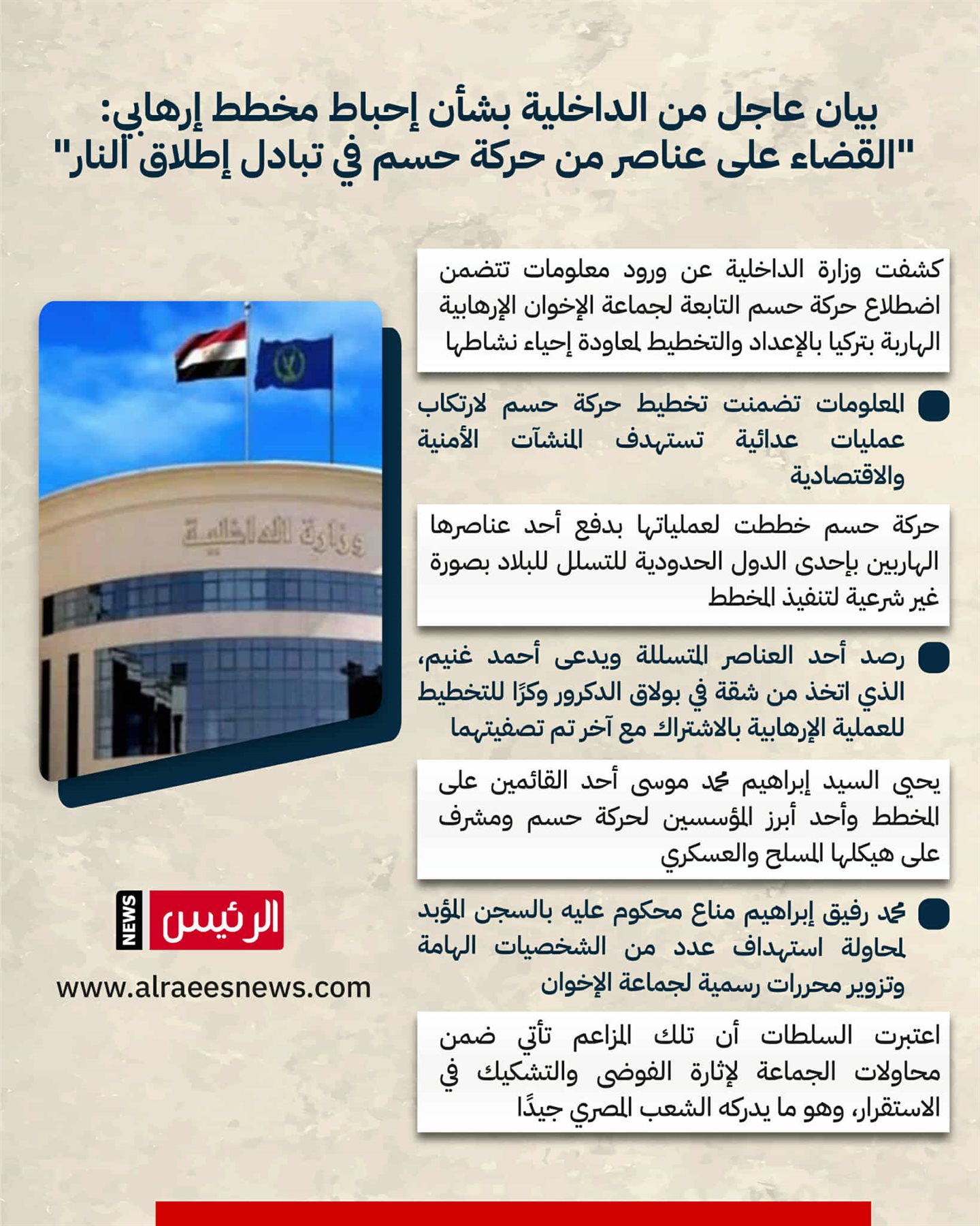 تفاصيل إحباط الداخلية لمخطط لحركة حسم الإرهابية: تحديد القيادات وتصفية عنصرين