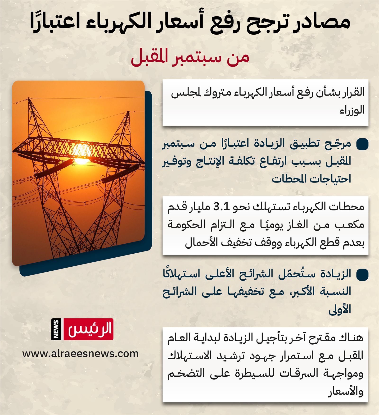 مصادر تحسم موعد زيادة أسعار الكهرباء