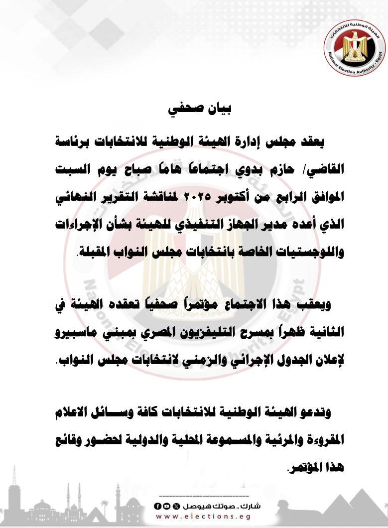 الهيئة الوطنية تعلن الجدول الزمنى لانتخابات مجلس النواب السبت المقبل