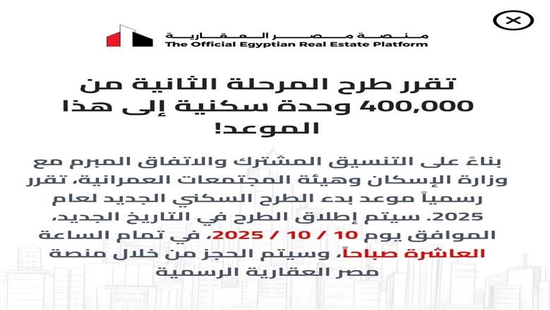 10 أكتوبر منصة مصر العقارية تطرح 400 ألف وحدة سكنية مختلفة (التفاصيل)