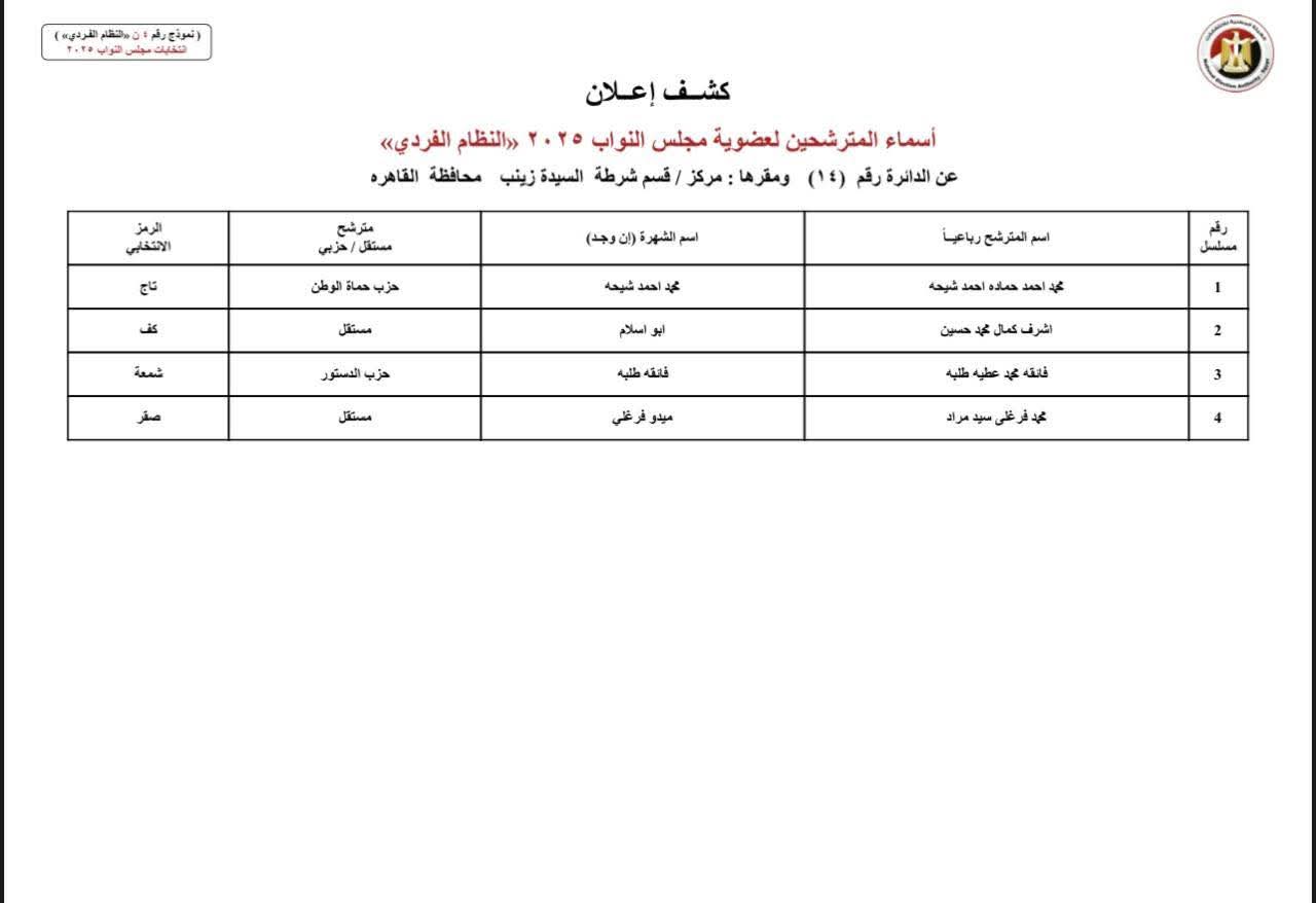 انتخابات النواب 2025.. أسماء مرشحي النظام الفردي بمحافظة القاهرة