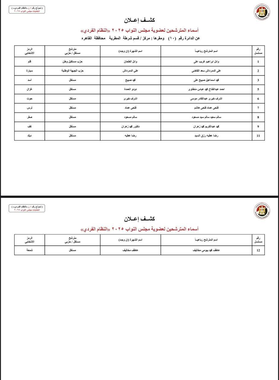 انتخابات النواب 2025.. أسماء مرشحي النظام الفردي بمحافظة القاهرة