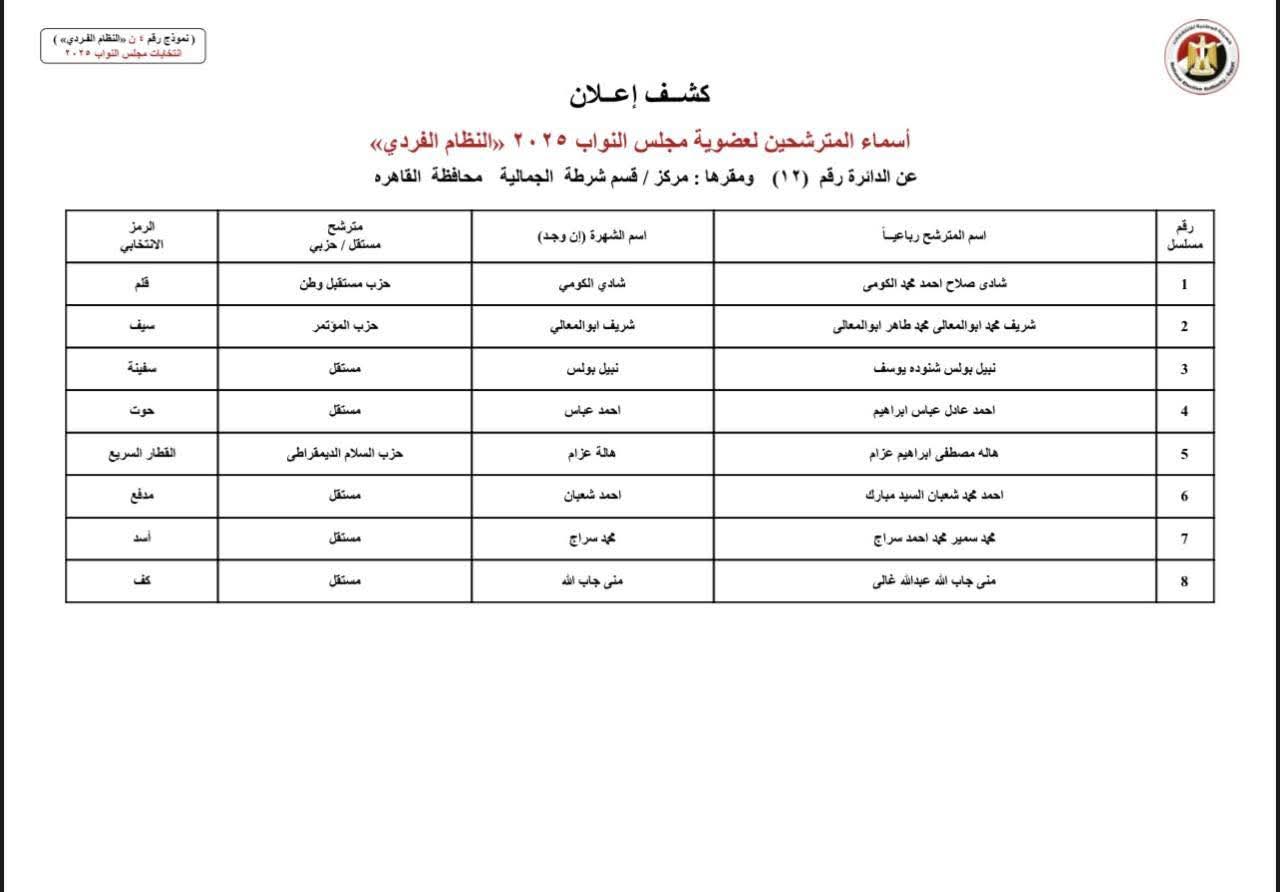 انتخابات النواب 2025.. أسماء مرشحي النظام الفردي بمحافظة القاهرة