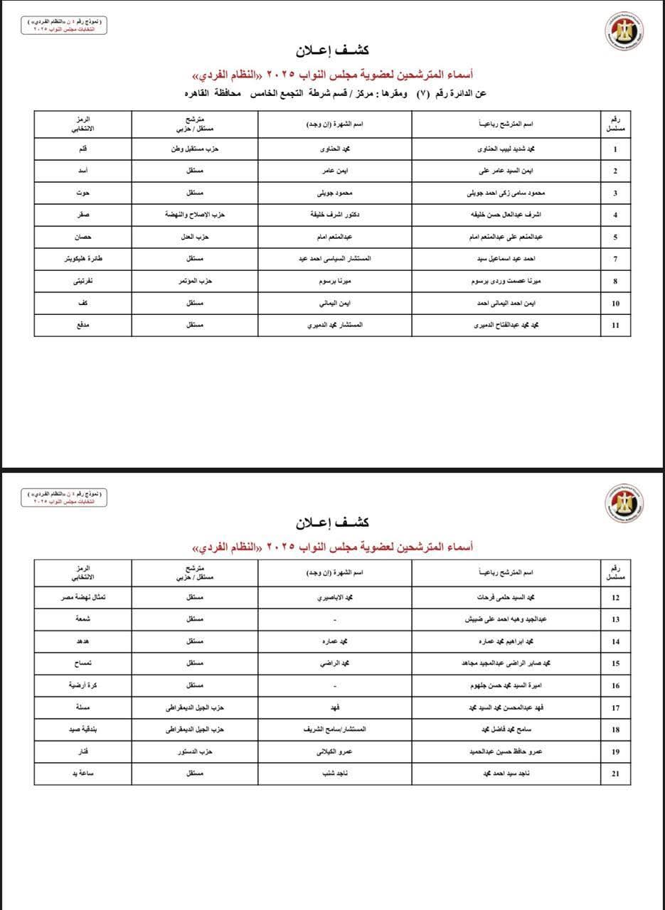 انتخابات النواب 2025.. أسماء مرشحي النظام الفردي بمحافظة القاهرة