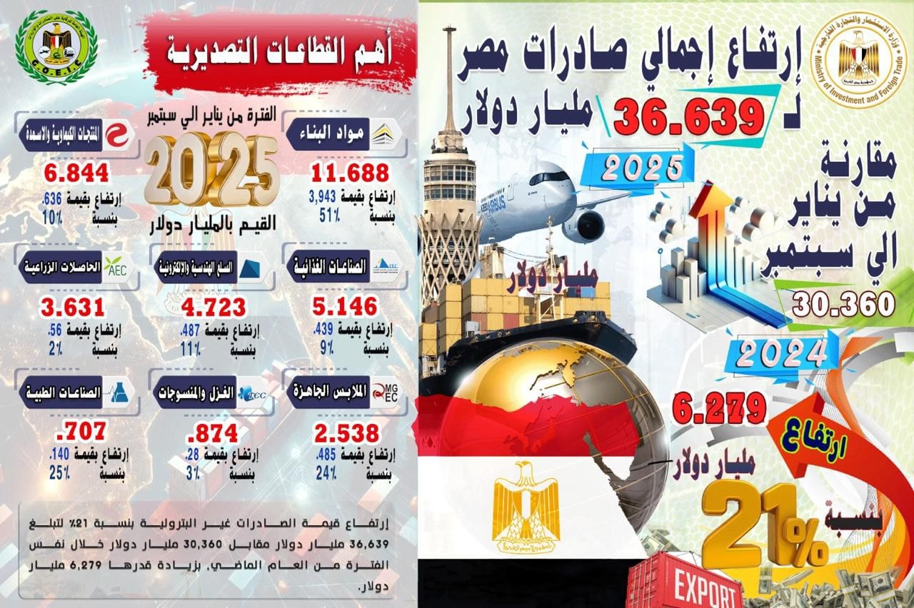 زيادة الصادرات غير البترولية لتصل إلى 36 مليار و639 مليون دولار (إنفوجراف)