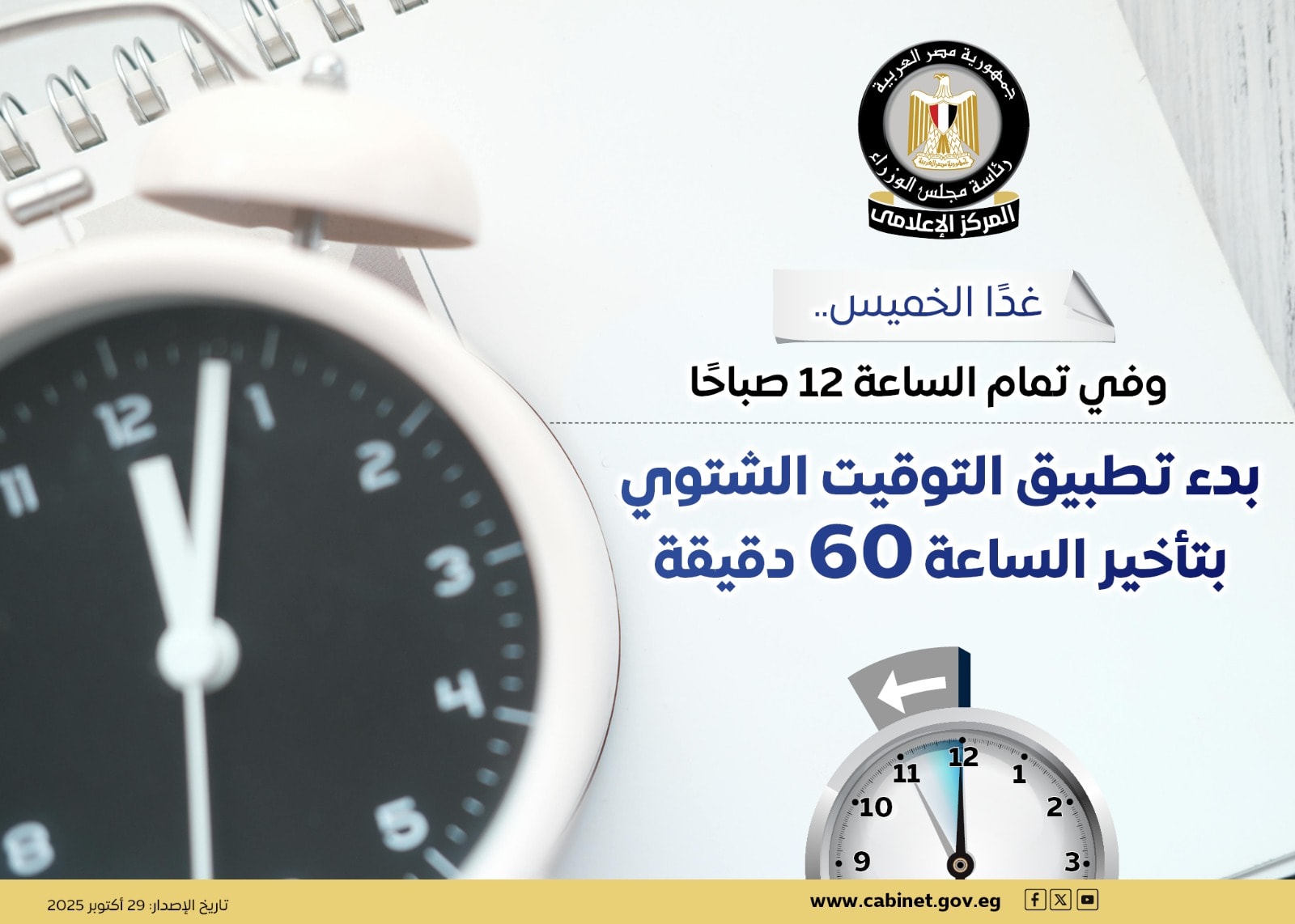 عاجل رسميا.. مصر تبدأ العمل بالتوقيت الشتوي 31 أكتوبر الجاري