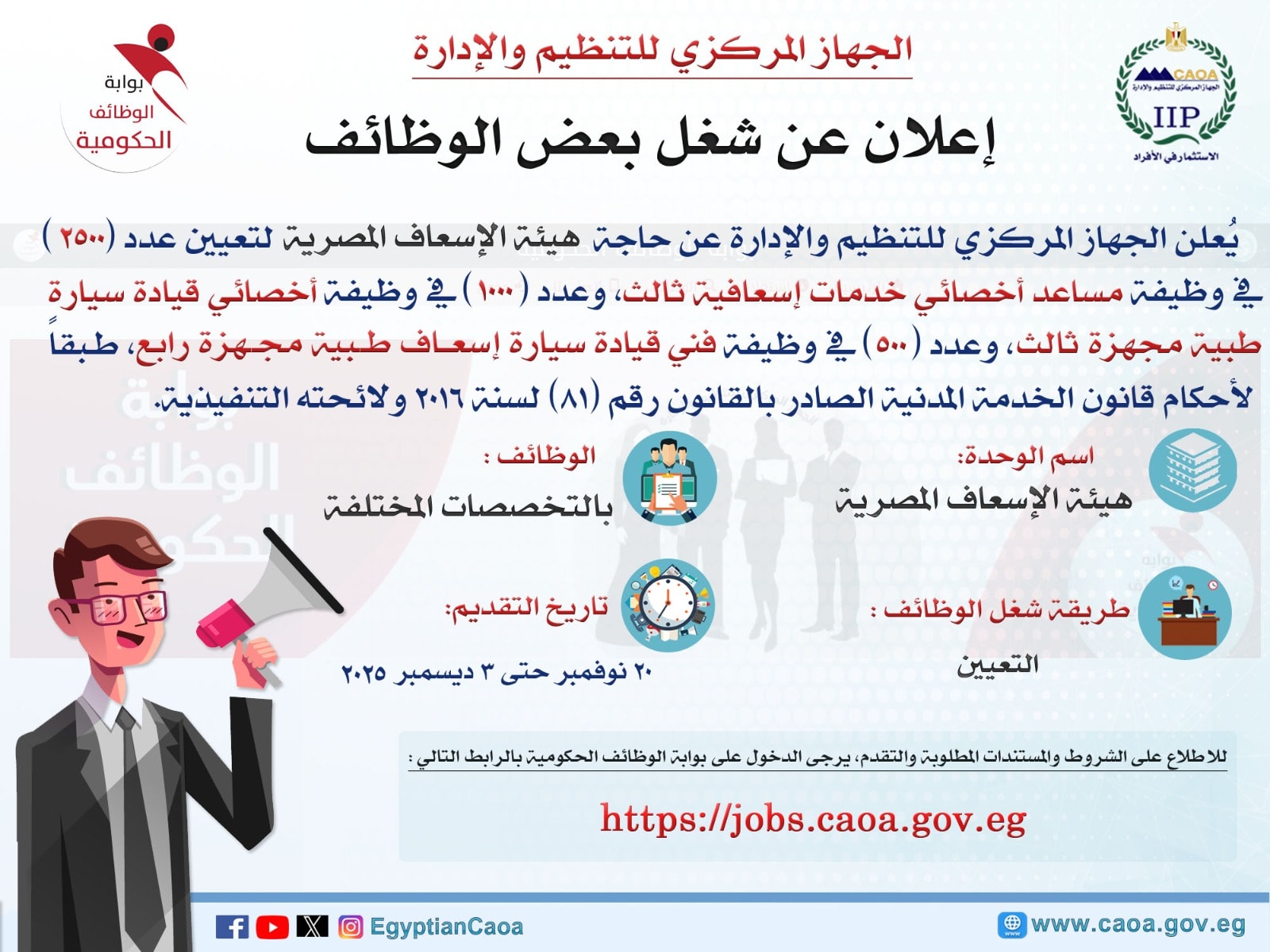 التنظيم والإدارة يعلن عن مسابقة لشغل 4000 وظيفة بهيئة الإسعاف المصرية
