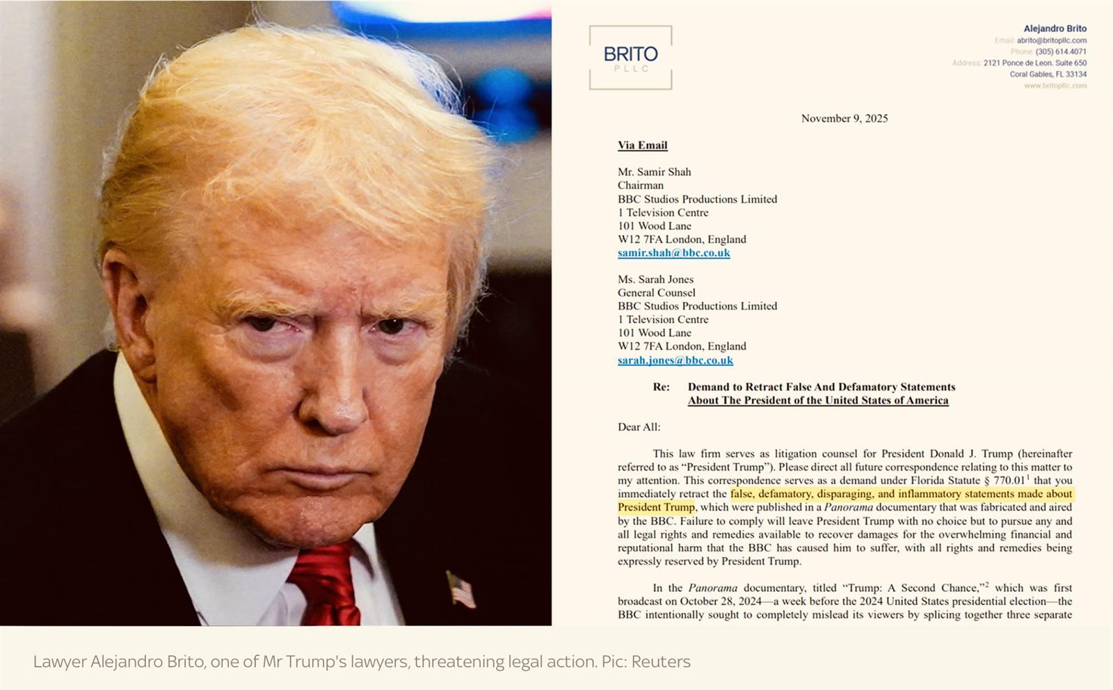 ترامب يهدد بي بي سي بدعوى قضائية بقيمة مليار دولار بسبب تعديل خطابه