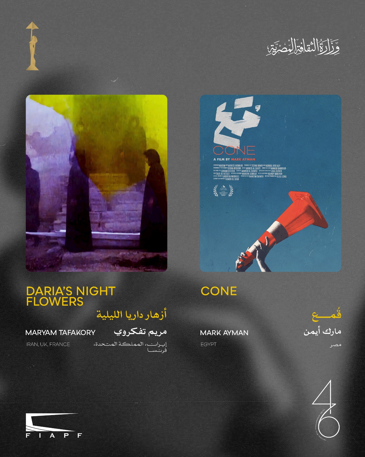 القائمة النهائية لمسابقة الأفلام القصيرة بمهرجان القاهرة السينمائي في دورته الـ46