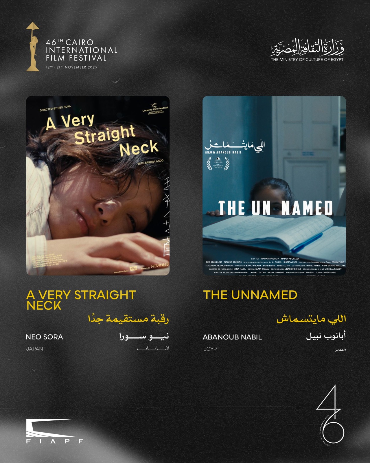 القائمة النهائية لمسابقة الأفلام القصيرة بمهرجان القاهرة السينمائي في دورته الـ46