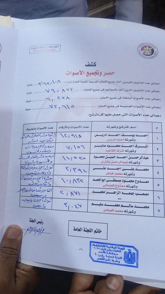 الحصر العددي للدائرة الأولى بالأقصر..جولة إعادة بين إدريس مرشح حماة الوطن والبشاري