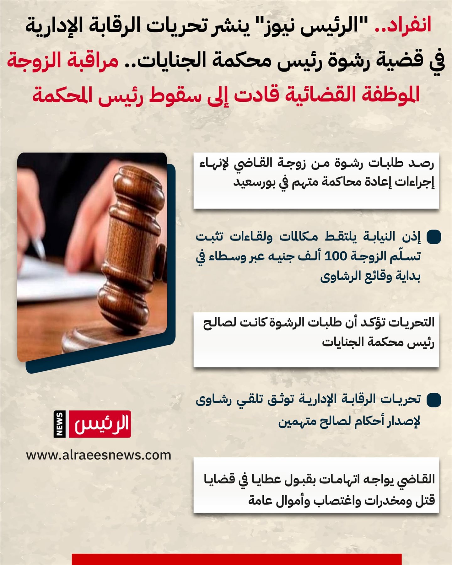 الرئيس نيوز ينشر تحريات الرقابة الإدارية في قضية رشوة رئيس محكمة الجنايات انفراد