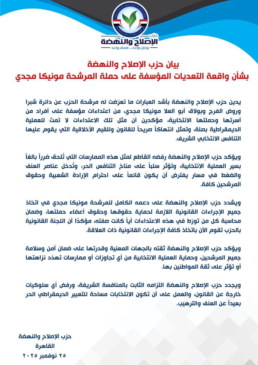 حزب الإصلاح والنهضة يدين واقعة التعدي على حملة المرشحة مونيكا مجدي