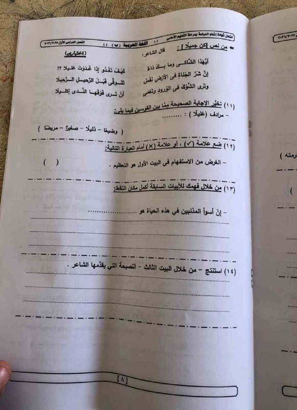 إجابة امتحان اللغة العربية الشهادة الإعدادية 2026 الجيزة الترم الأول