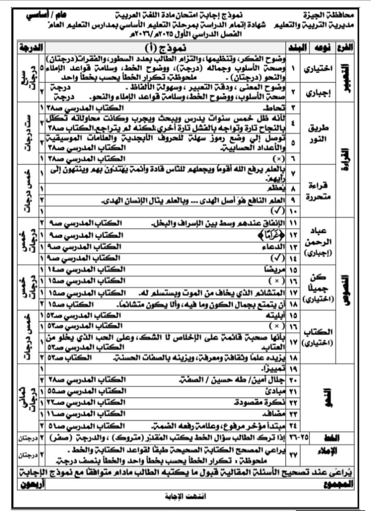نموذج إجابة امتحان العربي للشهادة الإعدادية 2026 الجيزة