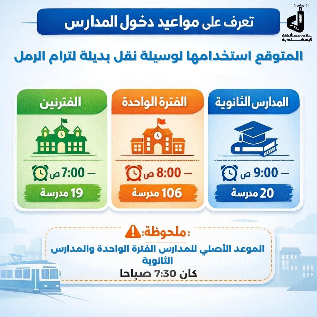 مواعيد دخول المدارس المتوقع استخدامها لوسيلة نقل بديلة لترام الرمل