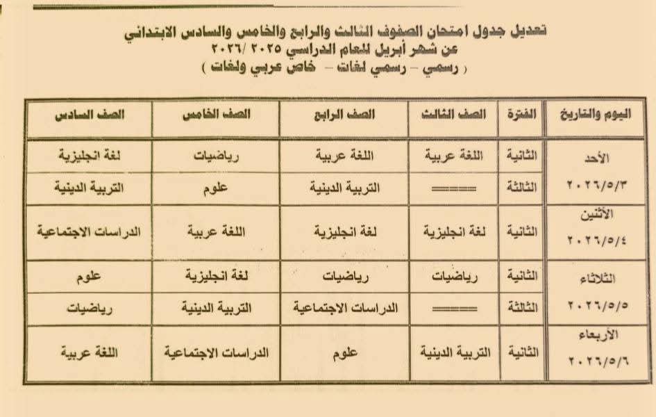 جداول امتحانات شهر إبريل 2026 لصفوف النقل بعد تعديلها بمطروح