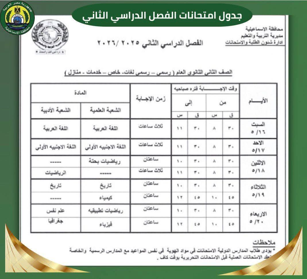ننشر جداول امتحانات الترم الثاني 2026 جميع الصفوف محافظة الإسماعيلية