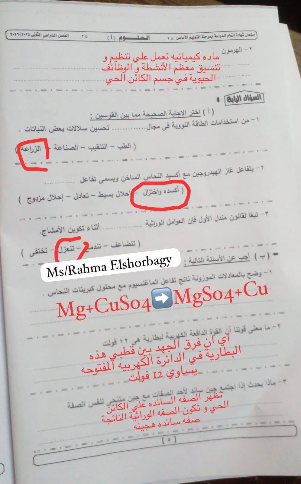 اجابة امتحان علوم 3 اعدادي 2026 الترم التاني محافظه الجيزه