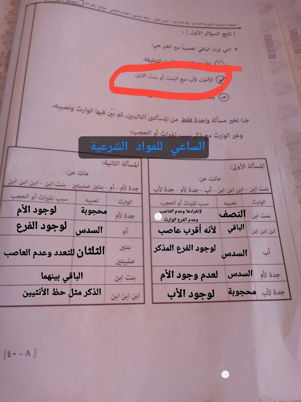 اجابة سؤال الميراث امتحان الفقه للصف الثالث الثانوي الأزهري للشعبة العلمية 2026