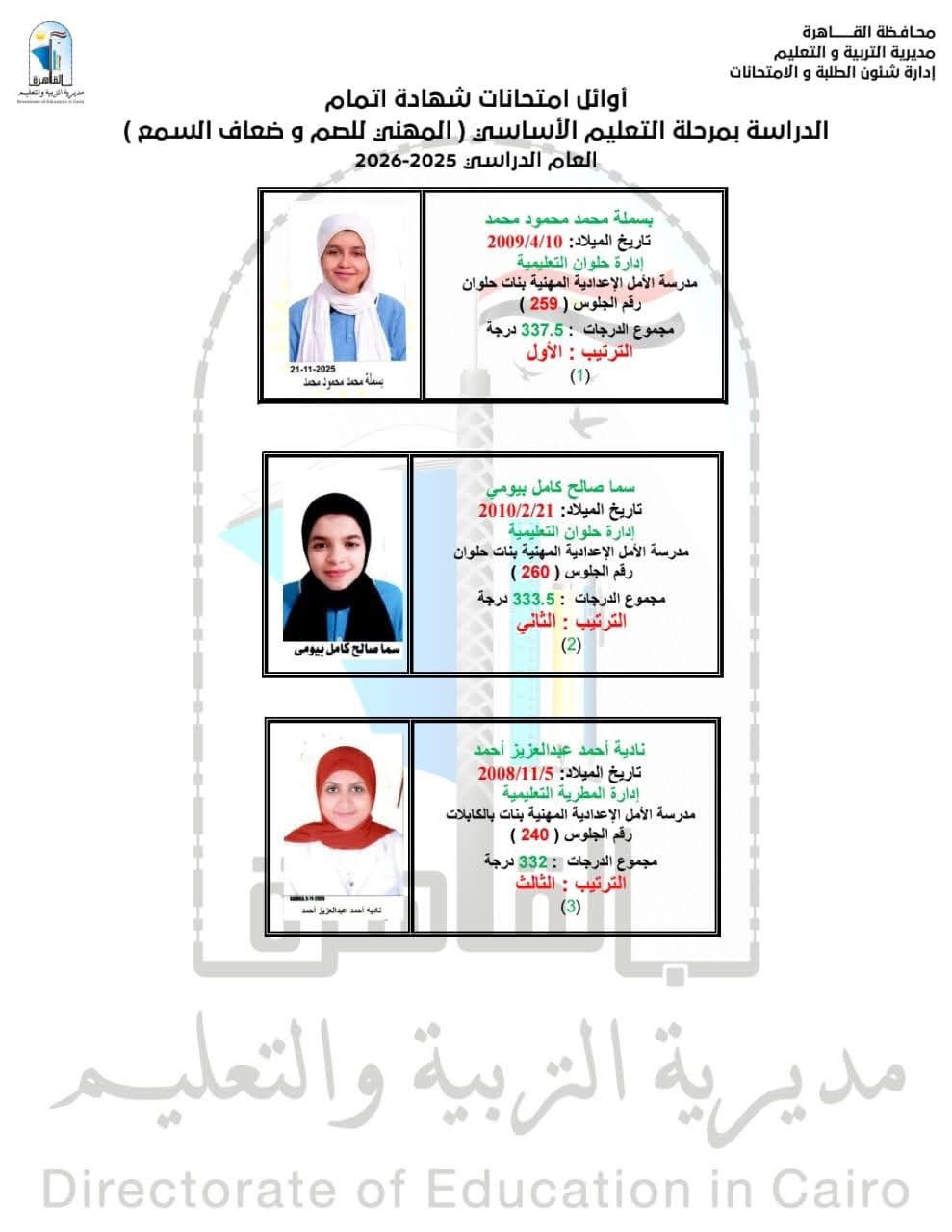 أسماء أوائل الشهادة الإعدادية 2026 محافظة القاهرة