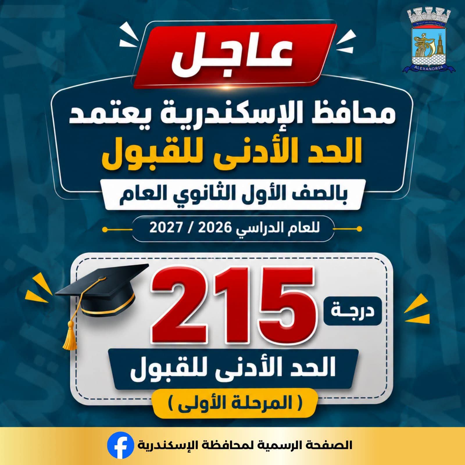 215 درجة.. محافظ الإسكندرية يعتمد تنسيق القبول بالأول الثانوي عام وبكالوريا 2027