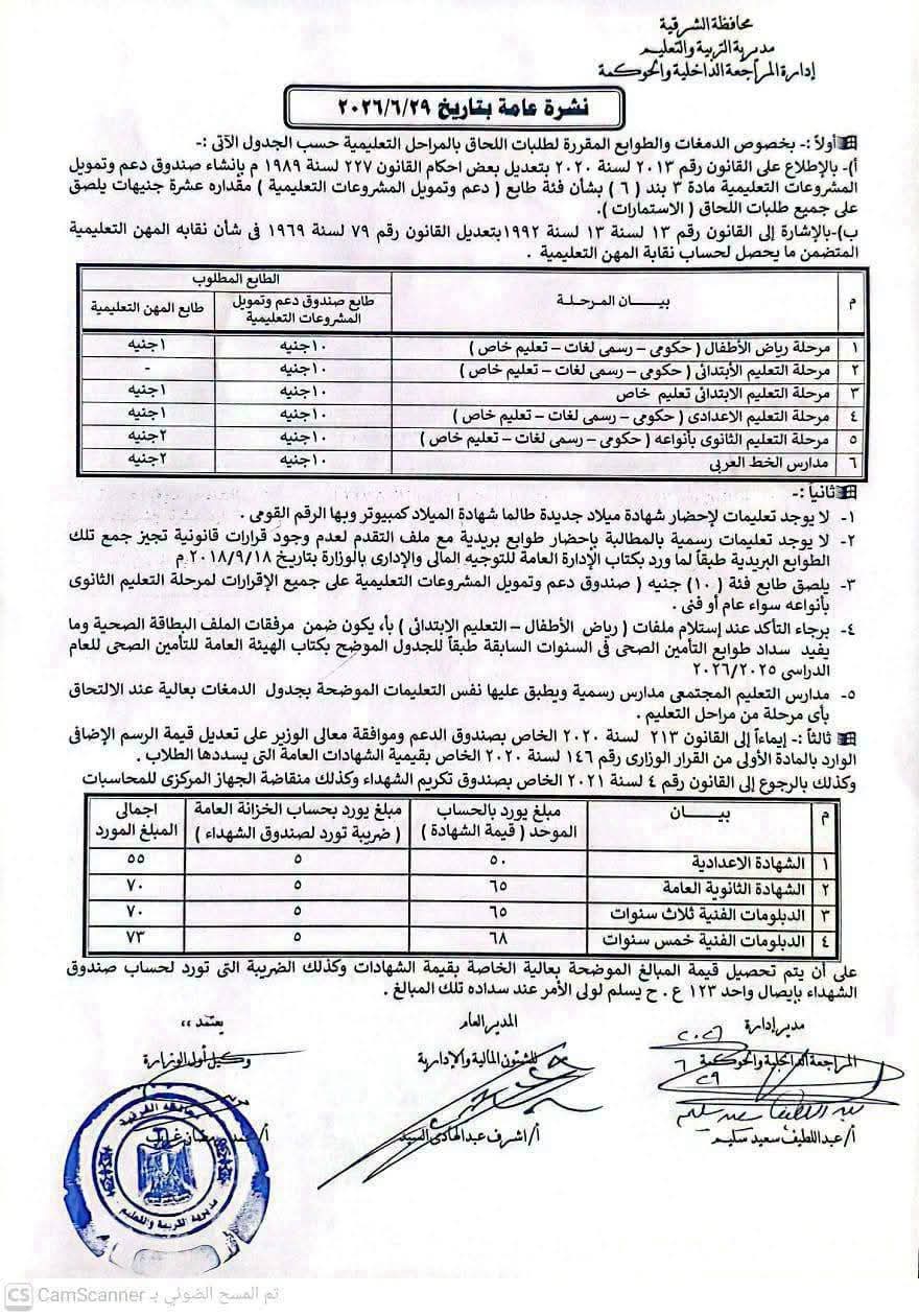 قيمة وتفاصيل الدمغات والطوابع المقررة لطلبات الالتحاق بالابتدائي والإعدادي والثانوي 2027