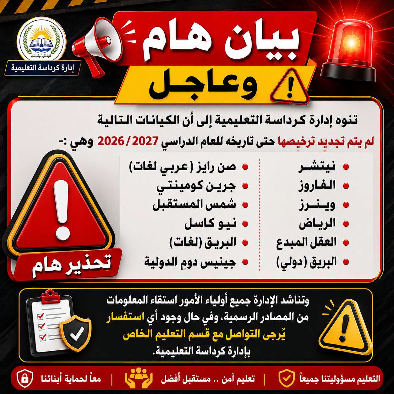 مجددوش الترخيص.. «كرداسة التعليمية» تحذر أولياء الأمور من التعامل مع 12 مدرسة