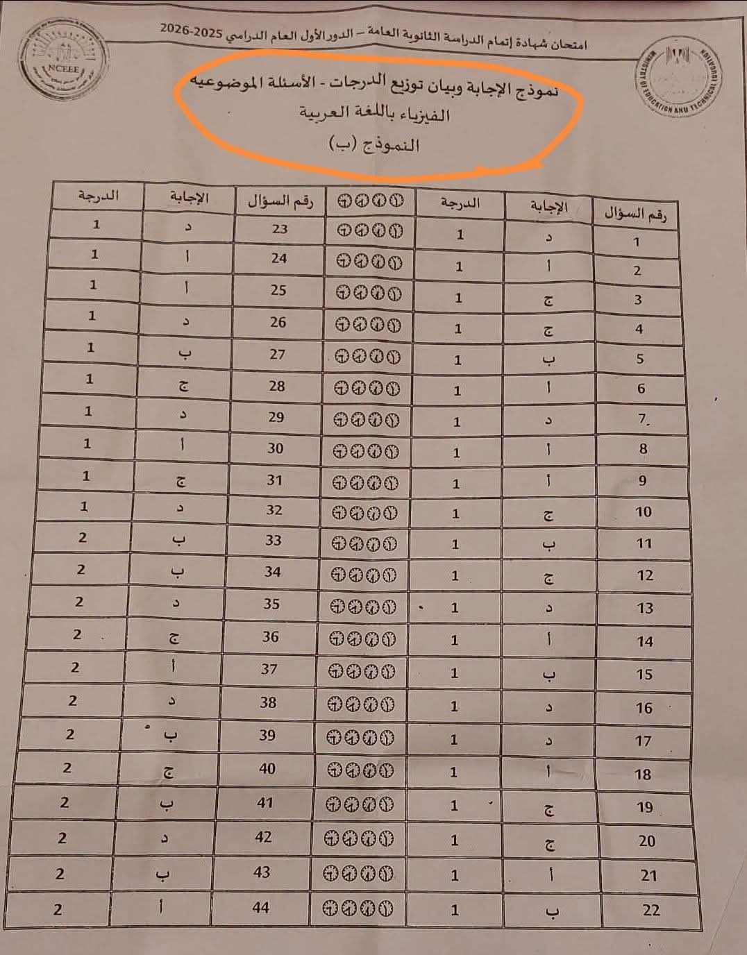 تداول نموذج إجابة «ب» لامتحان مادة الفيزياء للثانوية العامة 2026