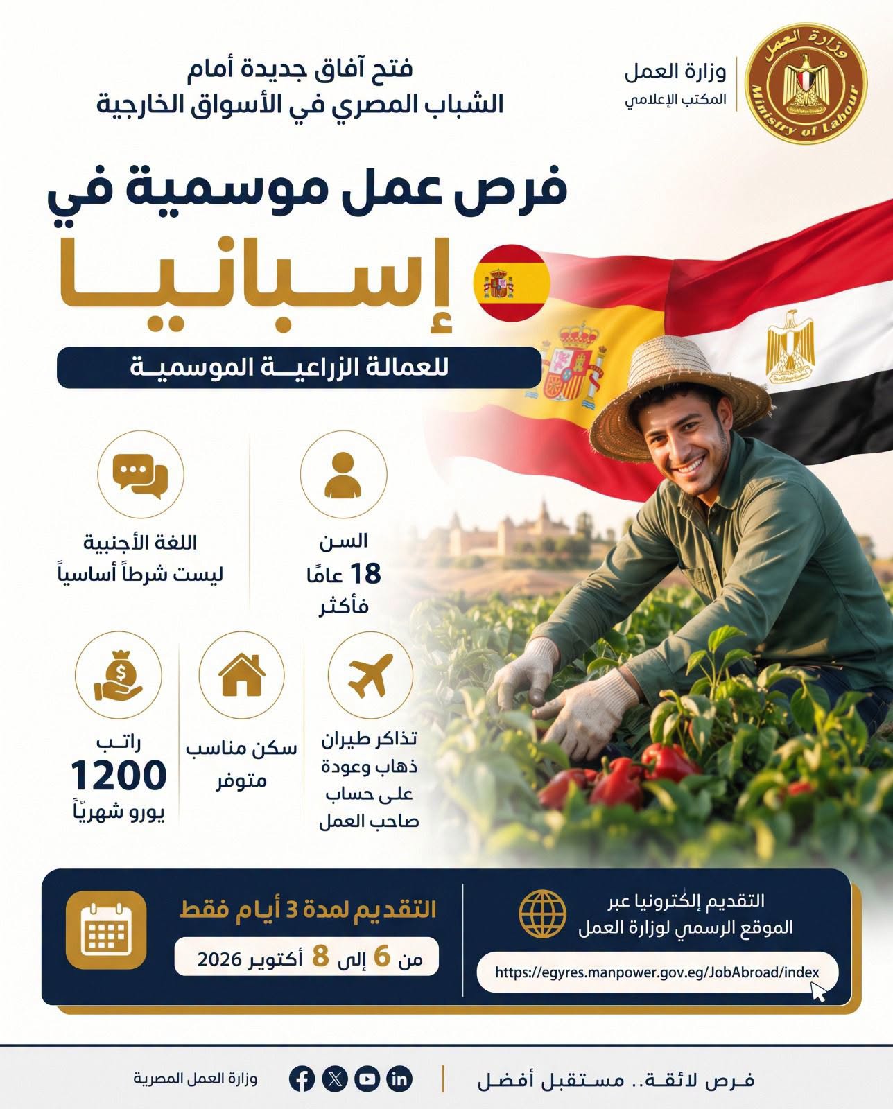 براتب 1200 يورو.. وزارة العمل تطرح فرص عمل موسمية في إسبانيا